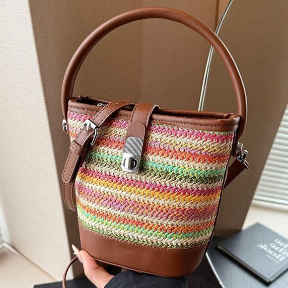 Fashion-Forward Green Contrast Color Mini Bucket Bag - Women's Straw Crossbody - Picture 8 of 9